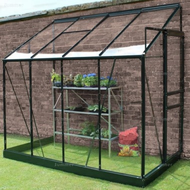 Aluminium Lean To Greenhouse 145 - Green, Toughened Glass, Base Included