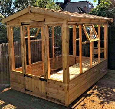 Wooden Greenhouse 182 - Toughened Glass Roof, Staging Included Wooden Greenhouse 182 - Toughened Glass Roof, Staging Included