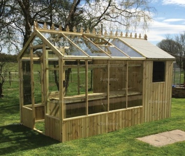 Pressure Treated Greenhouse 580 - Toughened Glass, Built In Shed, Fitted Free